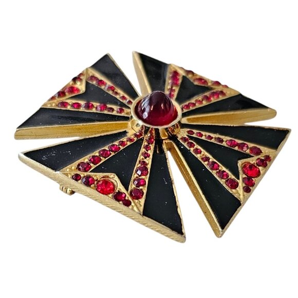 Maltese Cross Brooch Black Enamel, Red Rhinestone Pin Pendant - Picture 5 of 10